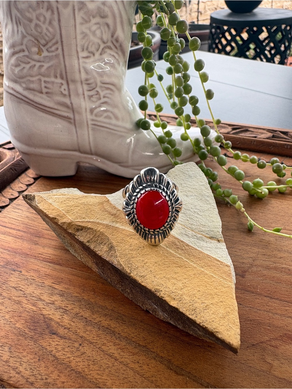 American West Sterling Silver Coral Red Cabochon Ring 5